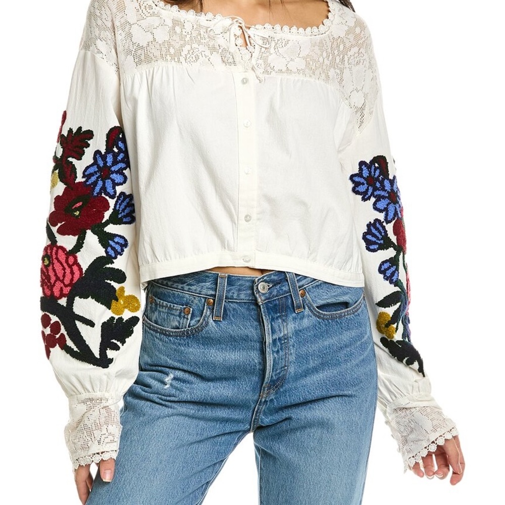 Free People Meadows Embroidered Crop Boho Floral Top, Size Small